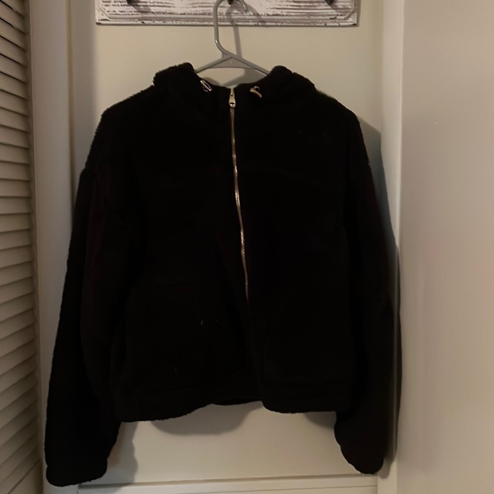 fluffy black zip up jacket